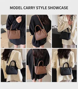 Litchi pattern leather bucket bag shown in multiple carrying styles on a model