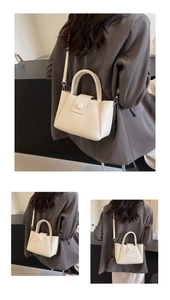 Detail view of cream bucket bag with lychee texture shown in three elegant lifestyle poses