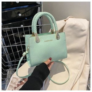 Close-up of mint green crocodile pattern bag with woven handle and gold hardware detail