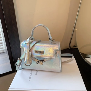 Women Fashion Holographic Metallic Crossbody Bag Crinkled Texture Kelly Style Handbag With Top Handle And Lock Shoulder Bag