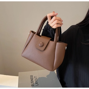 Detail der Handtasche aus Leder mit Litschimuster, Klappverschluss und rundem Knopf-Detail