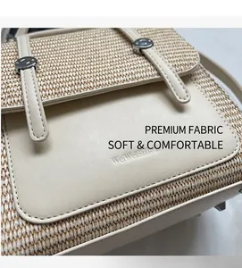 Detailed close-up of woven straw texture and smooth cream leather trim on the handbag