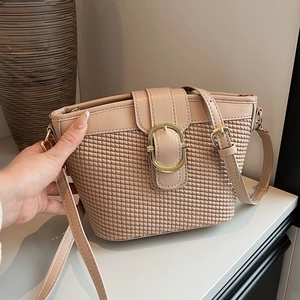 Women Bucket Bag PU Leather Woven Texture Crossbody Shoulder Bag With Gold Metal Buckle Fashionable Solid Color Trendy
