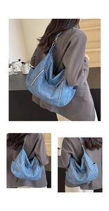 Detailed views of a blue crescent hobo bag featuring matte texture and silver metal hooks