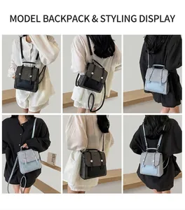 Detail shots of convertible straw backpack featuring leather flap and striped woven texture