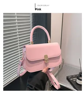 Detailed close-up of pink saddle bag with metal clasp and leather handle