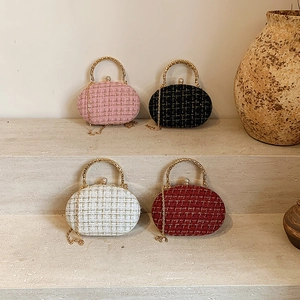 Oval Evening Clutch Bag Tweed Woven With Gold Metal Handle Rhinestone Clasp Chain Strap For Women Party Wedding