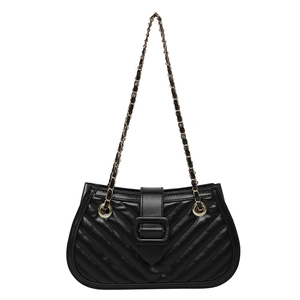 Chic black V-quilted faux leather crossbody bag with gold chain strap and large buckle