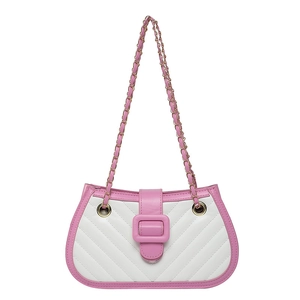 Quilted leather underarm bag with gold chain and pink buckle detail for women