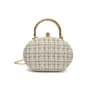 Elegant white and gold tweed clutch bag with crystal buckle and metal handle