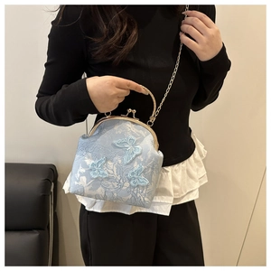 Detail of light blue lace embroidery handbag with 3D butterfly and gold metal clasp