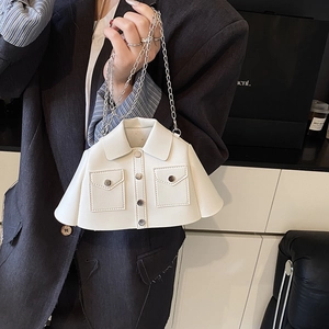 Creative white leather handbag in miniature jacket shape with metallic chain strap