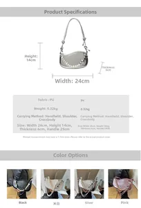 Detailed size specifications for the silver faux leather underarm bag with pearl strap