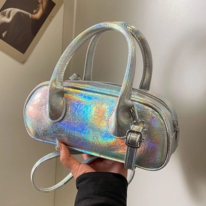 Women's Metallic Crinkled PU Leather Bowling Bag Iridescent Silver Black Shoulder Crossbody Baguette Pillow Handbag