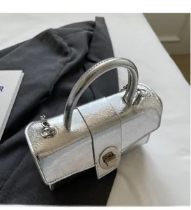 Close-up of silver cracked leather texture and metallic clasp on a stylish mini bag