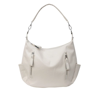 Minimalistische witte hobo schoudertas met zilveren ritsen en handige zijvakken