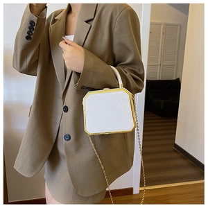 Detail of white octagonal clutch with floral texture and gold metal trim on handbag
