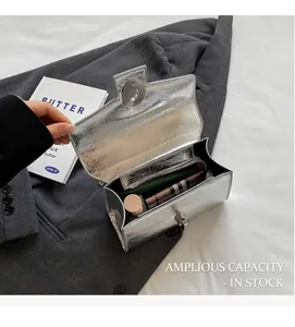Silver metallic crossbody bag showing internal storage space with a zipper pocket