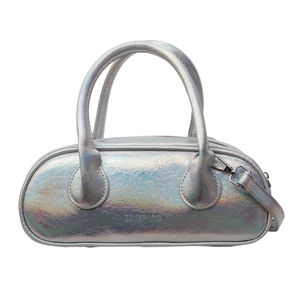 Minimalist holographic silver bowling bag with dual handles and adjustable strap