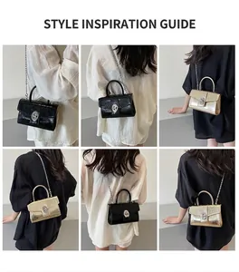 Detailed views of mini patent leather crossbody bag with chain strap and top handle