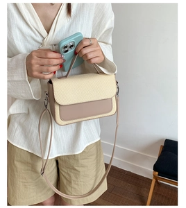 Chic beige woven flap and brown leather crossbody bag held by a model on white wall
