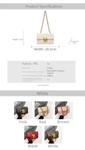 Detailed chart showing PU crocodile pattern crossbody bag dimensions and five color options