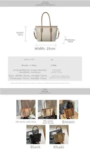 Tableau détaillé montrant les dimensions et cinq options de couleur du petit sac cabas en PU