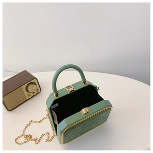 Detail of light green hexagonal box bag with leaf vein texture and gold chain strap