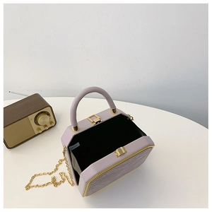 Detail view of light purple box bag interior with gold metal frame and chain strap