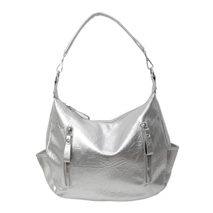 Silver wrinkled metallic tote bag with double front zippers and minimalist shoulder straps