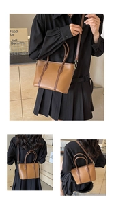 Vue triple du sac cabas en cuir marron montrant les styles porté main et épaule