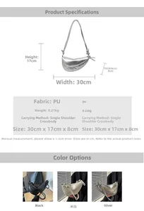 Detailed size chart and specifications for the crescent PU leather crossbody bag in three colors