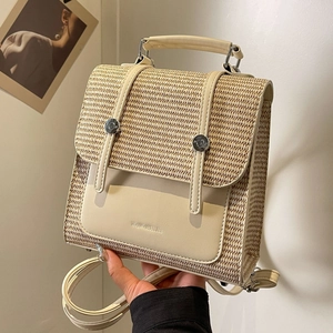 Women Fashion Straw Woven Patchwork Backpack Vintage Synthetic Leather Flap Small Handbag Casual Travel School Backpack