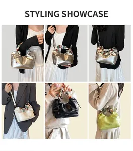 Detailed views of pleated dumpling bag with beaded handle and detachable strap