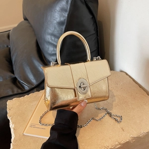 Metallic gold pleated leather crossbody bag with silver lock and chain strap for women