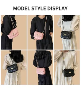 Collage of mini quilted crossbody bags in pink and black with golden chain straps