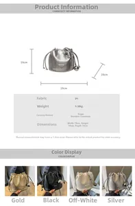 Detailed size specifications and color options for the chain drawstring bucket bag