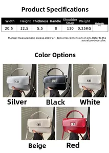 Detailed size parameters and color options for the minimalist PU leather square handbag