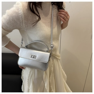 Detailed view of silver metallic crossbody bag with metal twist lock and thin shoulder strap