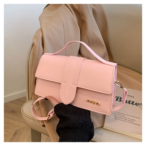 Pink PU leather square handbag with golden logo detail and adjustable shoulder strap
