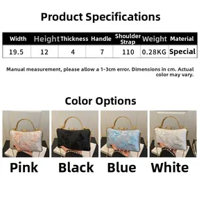 Size chart and color display for embroidered evening bag with chain strap and handle