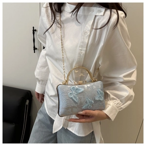 Detail of light blue lace evening bag with 3D butterfly decor and gold top handle