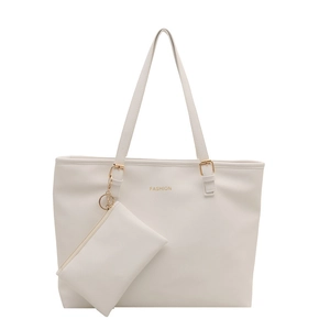 Ensemble cabas en cuir PU blanc crème avec garniture dorée et inscription tendance
