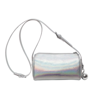 Chic silver holographic cylinder crossbody bag with metallic ball pendant and texture