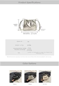 Detailed chart showing silver bucket bag dimensions with metallic chain details