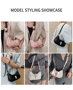 Collage schicker Halbmond-Schultertaschen in Rosa, Schwarz und Beige getragen von Model