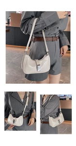 Detailansichten einer beige Halbmond-Schultertasche mit silberner Schnalle und Leder