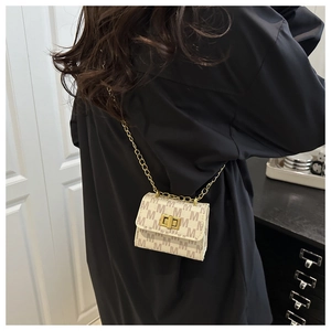 Detailed view of mini printed crossbody bag with golden chain and M-pattern on leather