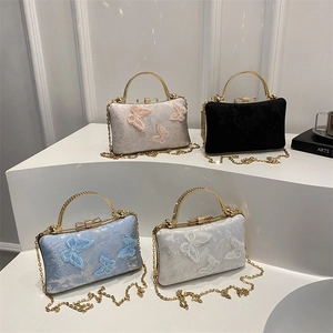 Women Elegant Evening Clutch Bag New Chinese Style 3D Butterfly Embroidery Gold Metal Handle Chain Satin Lace Formal Handbag