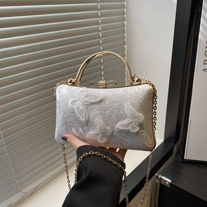 Elegant white evening bag with 3D butterfly embroidery and gold metal handle and chain